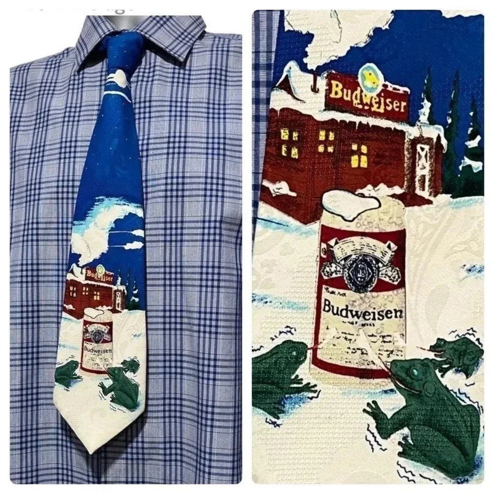 🍀2/$22 NWT Vintage 90s Budweiser Frog Cabin Winter Christmas Mens Necktie Blue - Picture 2 of 9